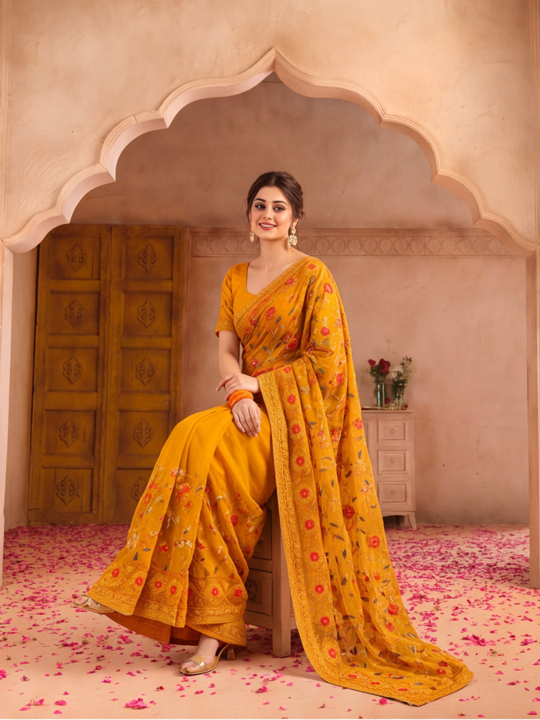 Mustard Embroidered Net Saree