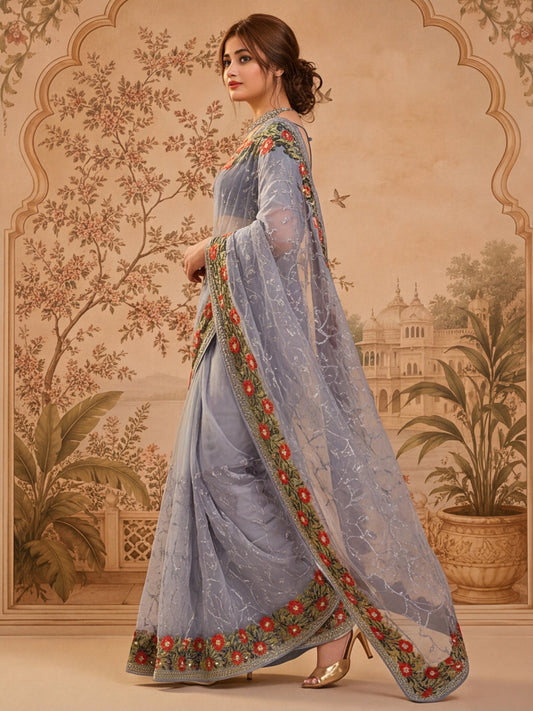 Grey Embroidered Net Saree