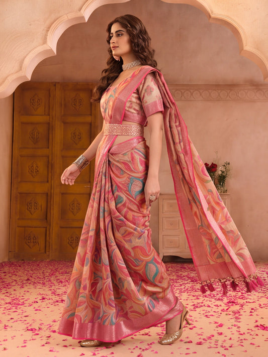 Pink Linen Silver Zari Saree