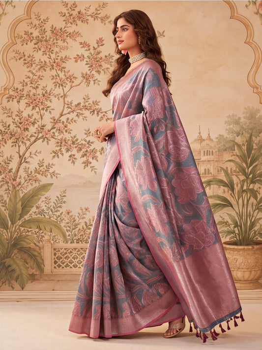 Elegant Linen Silver Zari Saree