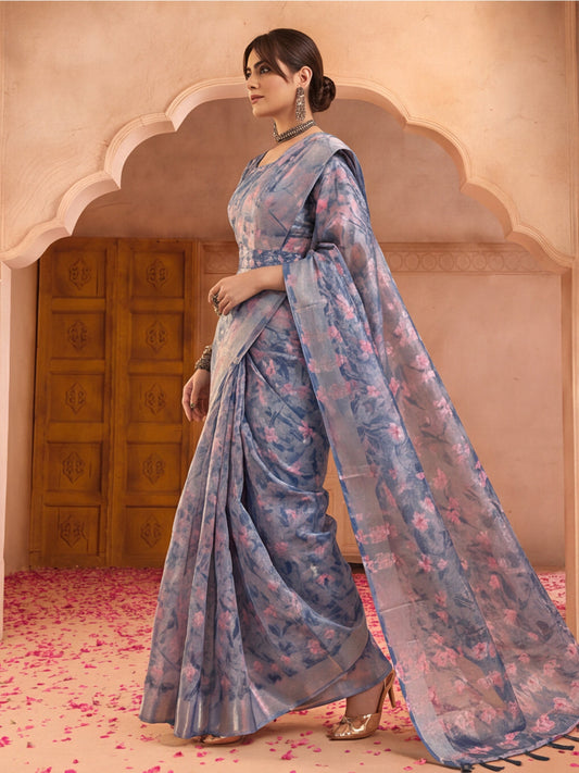 Elegant Linen Silver Zari Saree