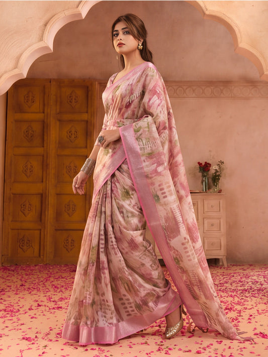Pastel Pink Linen Silver Saree