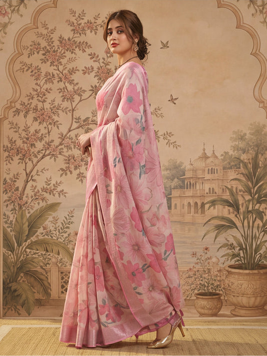 Baby Pink Linen Silver Saree