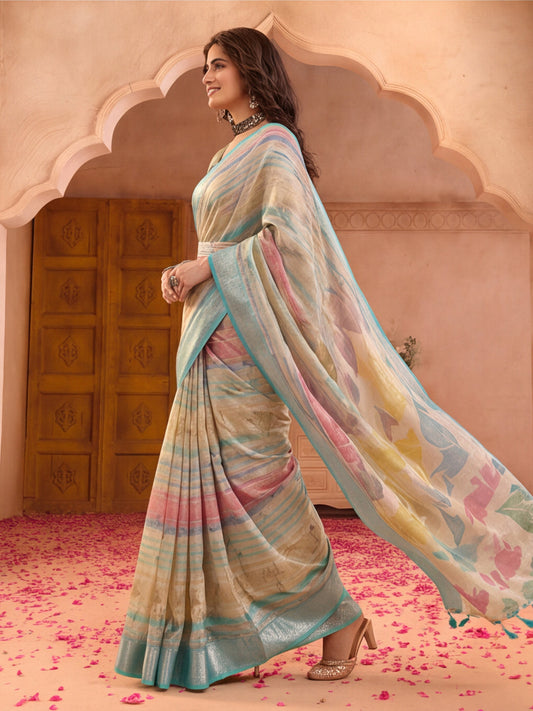 Aqua Gold Striped Linen Saree