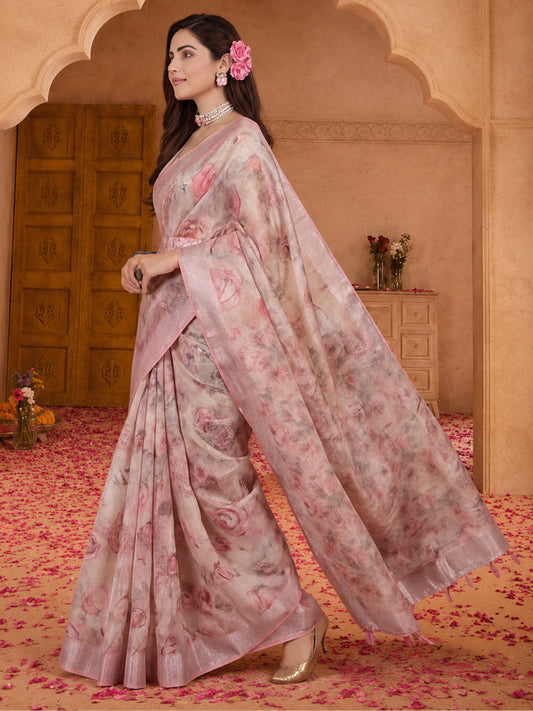 Elegant Linen Silver Zari Saree