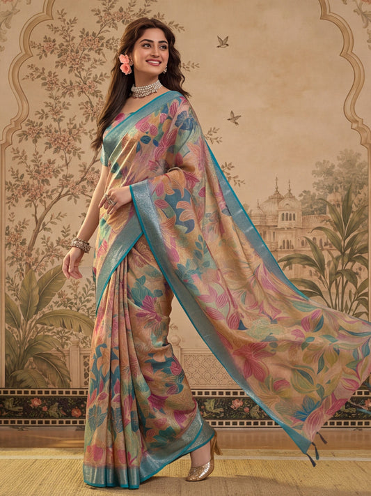 Multicolour Linen Zari Digital Saree