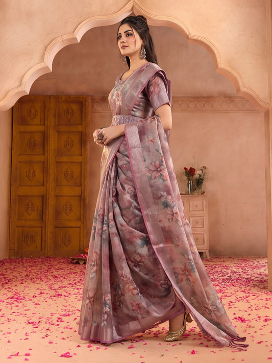Dusty Pink Linen Zari Saree