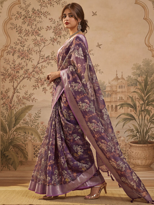 Purple Linen Zari Digital Saree