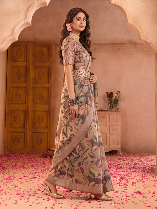 Beige Leaf Print Linen Saree