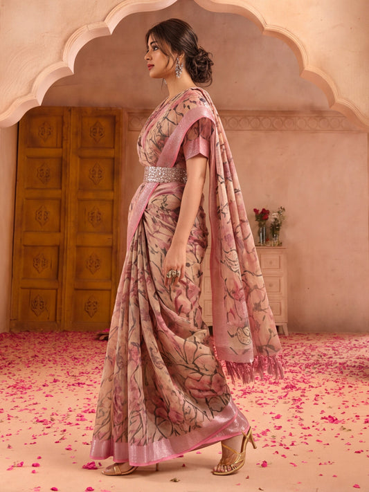 Beige Pink Floral Print Saree