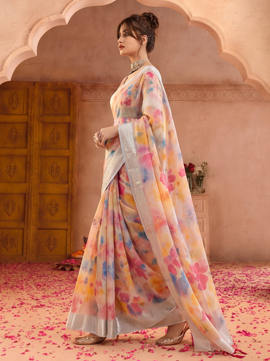 Multicolor Butterfly Print Linen Saree