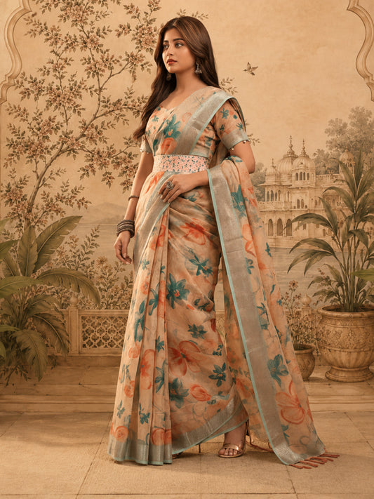 Beige Floral Digital Print Saree