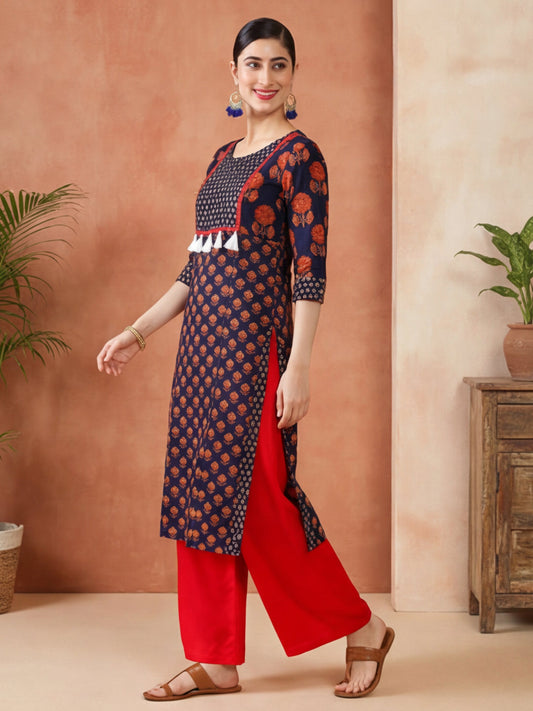Navy Blue Printed Straight Kurta