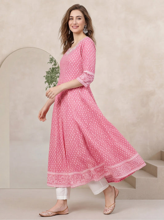 Pink Printed Anarkali with Embroidered Yoke