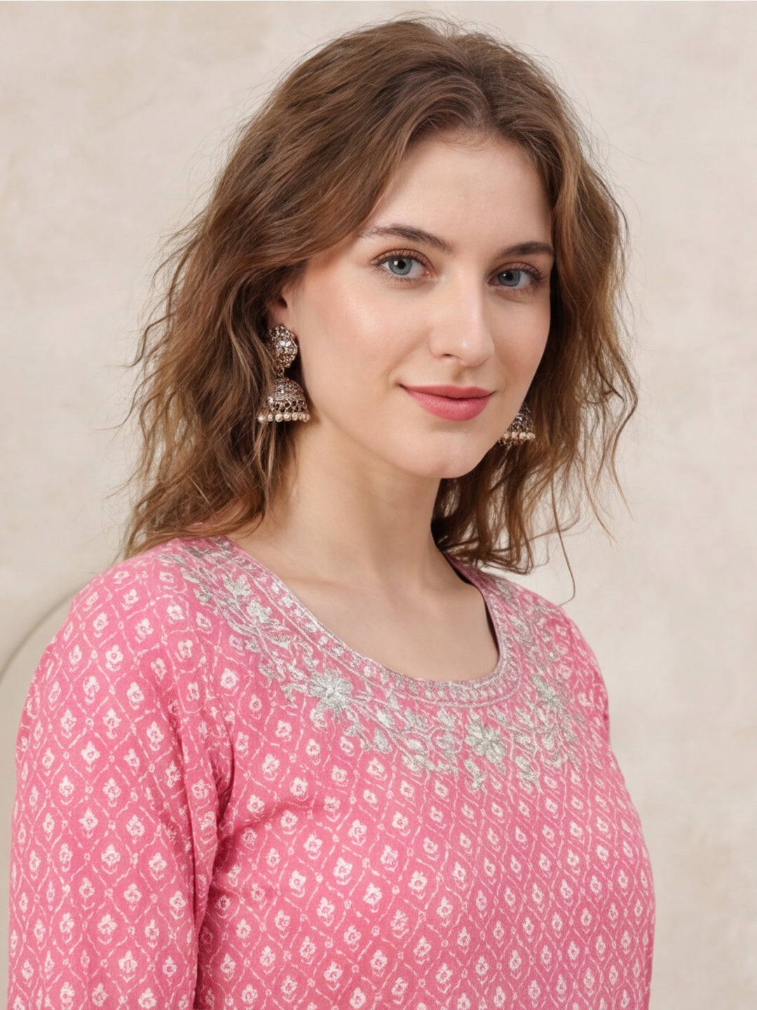 Pink Printed Anarkali with Embroidered Yoke
