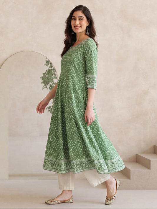 Green Printed Anarkali with Embroidered Yoke