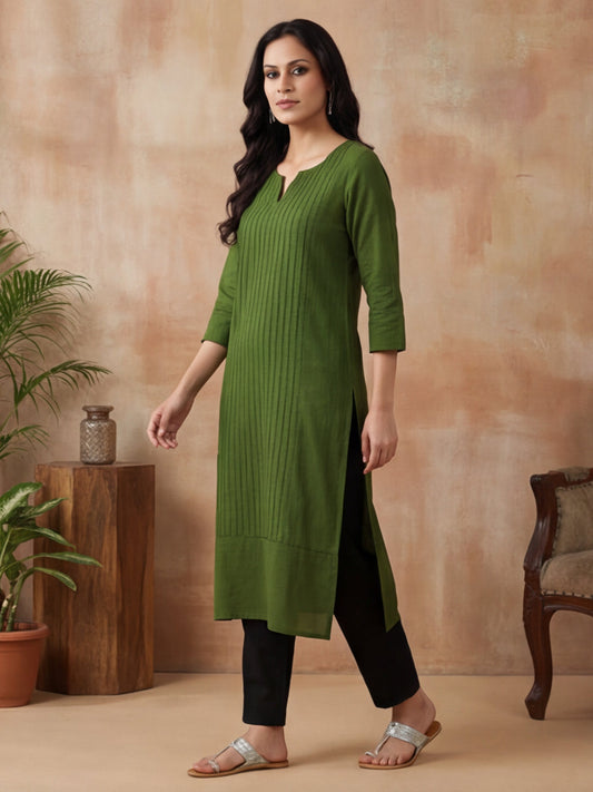 Solid Embroidered Straight Cotton Kurta