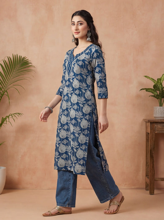 Floral Embroidered Straight Cotton Kurta