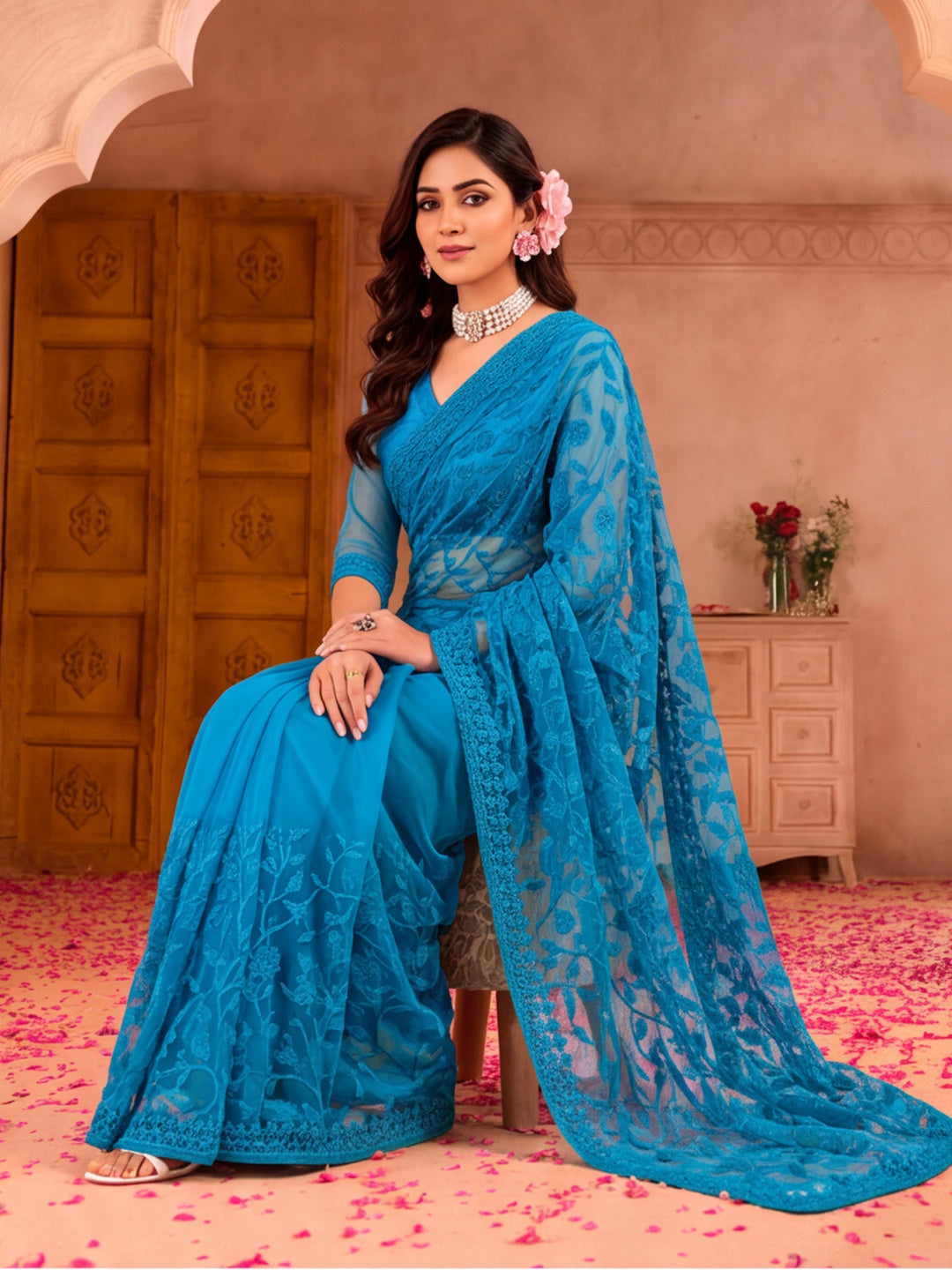 Blue Beery Embroidered Net Saree