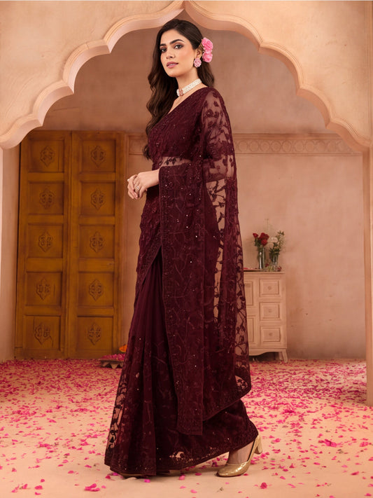 Burgundy Embroidered Net Saree