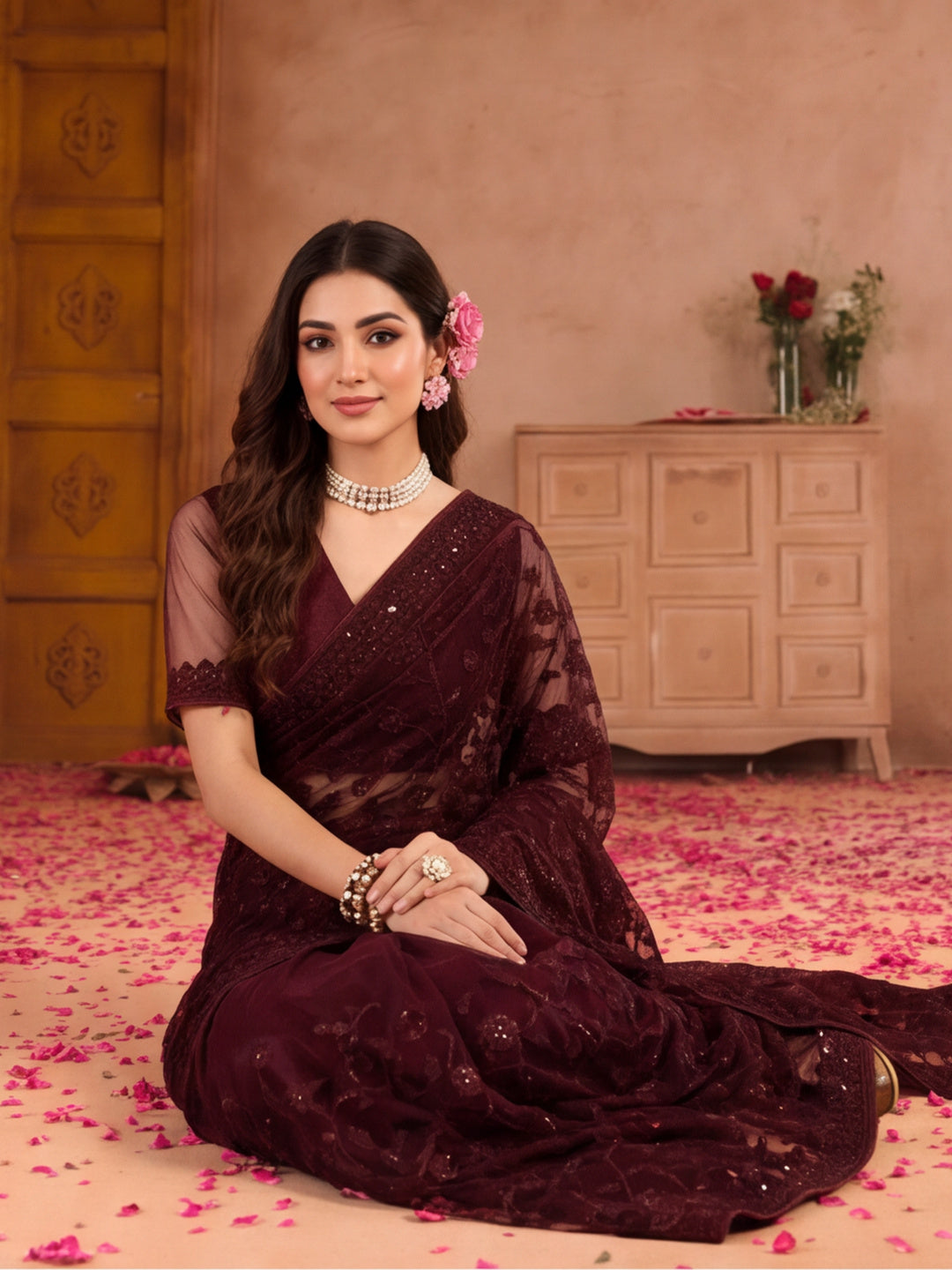 Burgundy Embroidered Net Saree