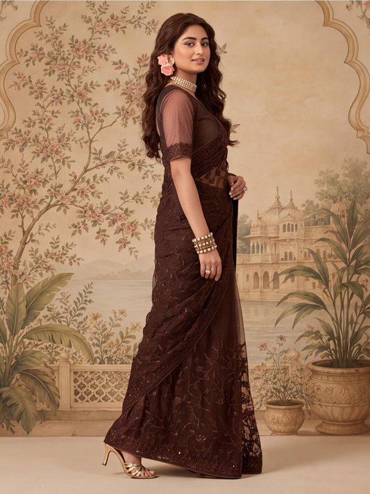 Coffee Embroidered Net Saree