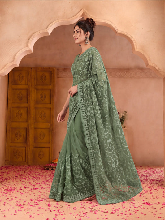 Olive Embroidered Net Saree