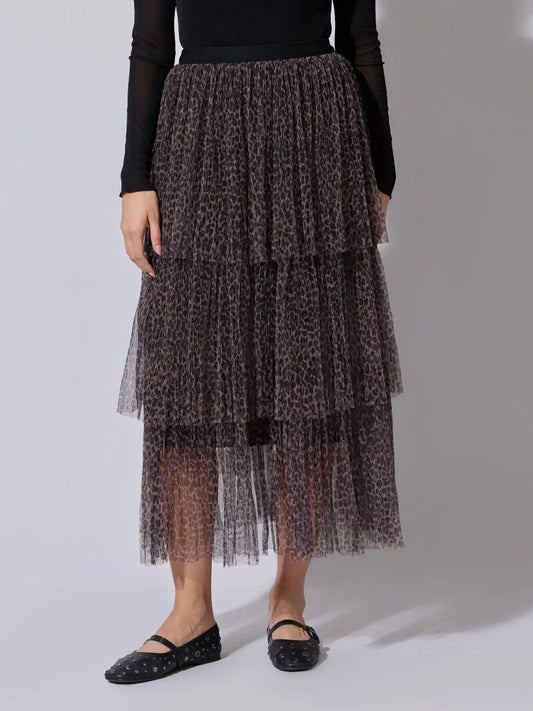 Women's Printed Brown Tiered Mesh Skirt