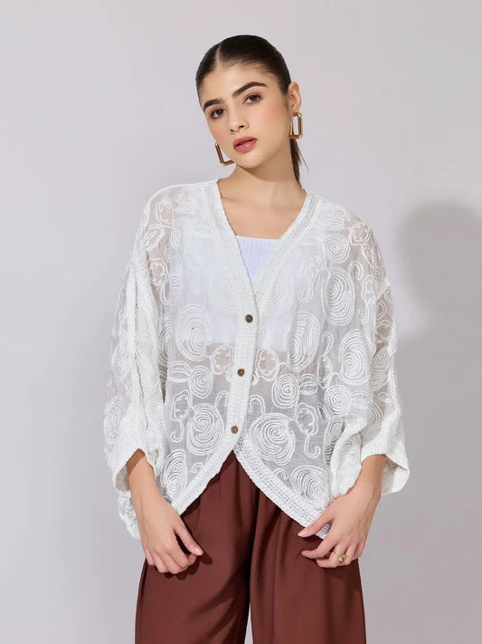 Women's Embroidered White Open Front Sheer Top