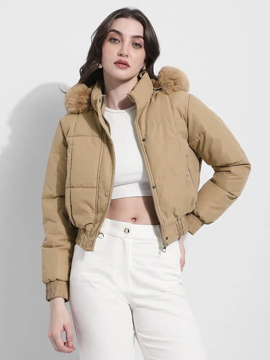 Women's Beige Hooded Puffer Jacket with Faux Fur Trim