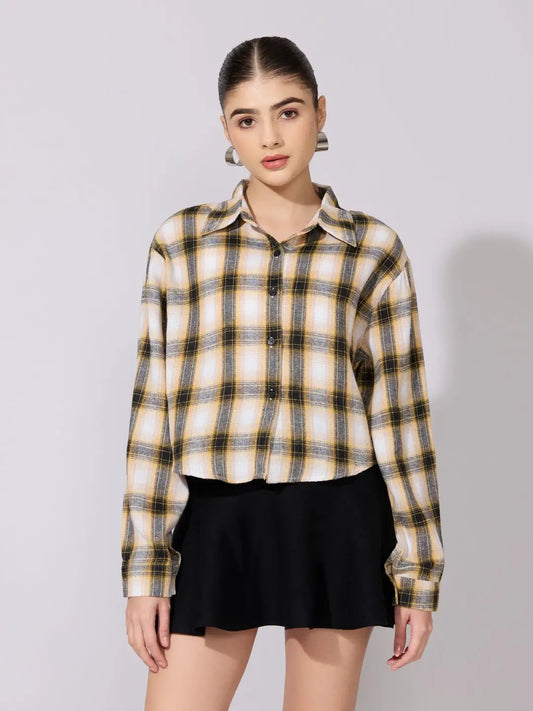Women's Plaid Check Yellow Casual Button-Down Shirt