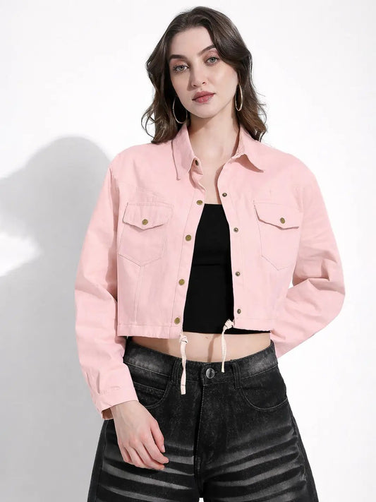 Women's Pink Cropped Denim Jacket with Adjustable Hem