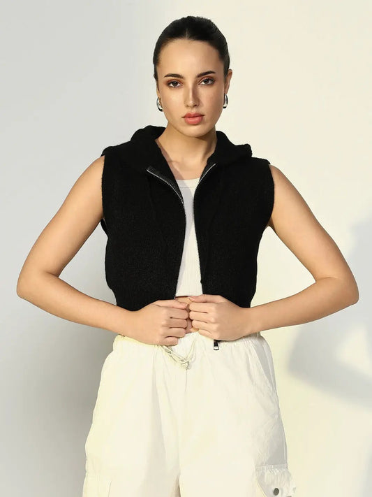 Women's Ribbed Black Hooded Short Top with Zip