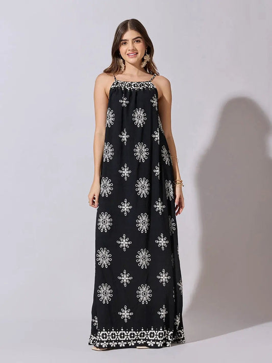 Women's Printed Black Halter Neck Maxi Dress