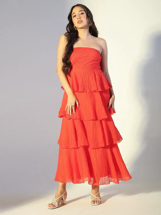 Women's Red Layered Ruffle Strapless Maxi Dress