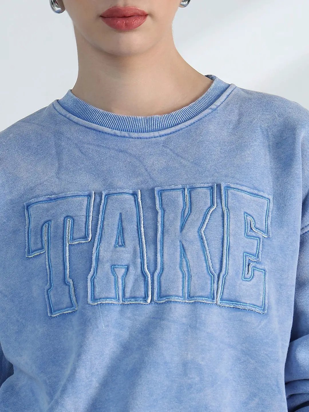 Women's Typography Blue Round Neck Oversized Sweatshirt