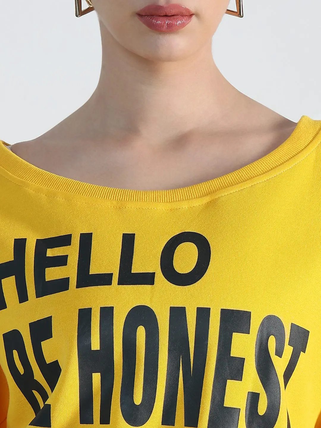 Women's Typography Yellow Scoop Neck Oversized Sweatshirt