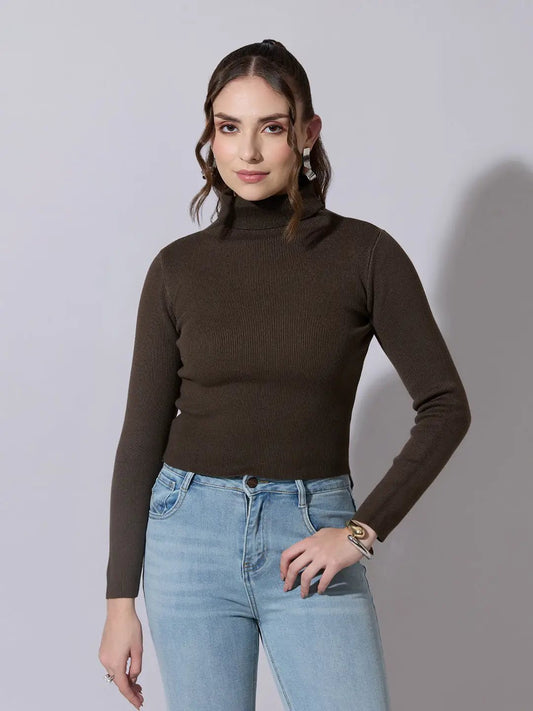 Women's Ribbed Olive High Neck Top