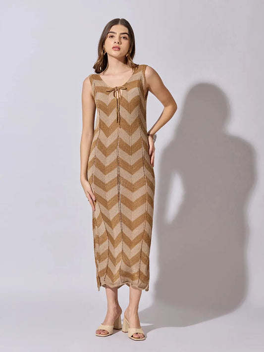 Women's Knitted Brown Chevron Pattern Sleeveless Midi Dress