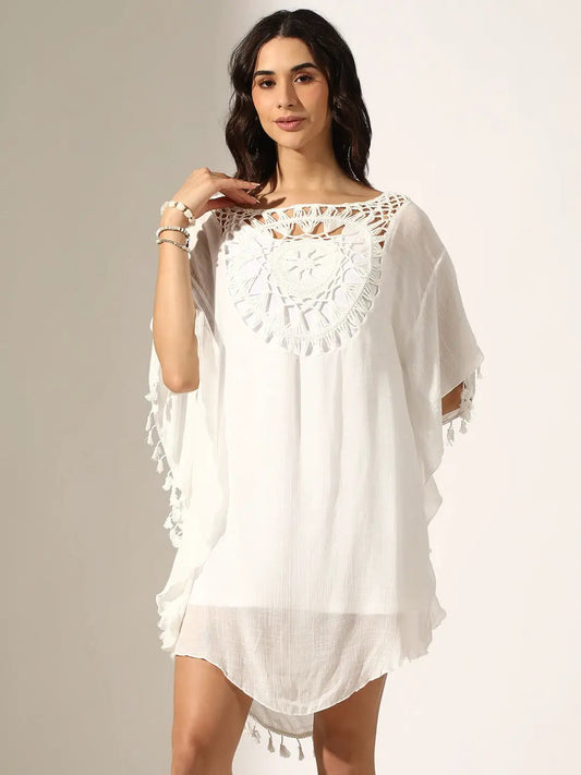 Women's White Crochet Kaftan Dress with Tassel Trims