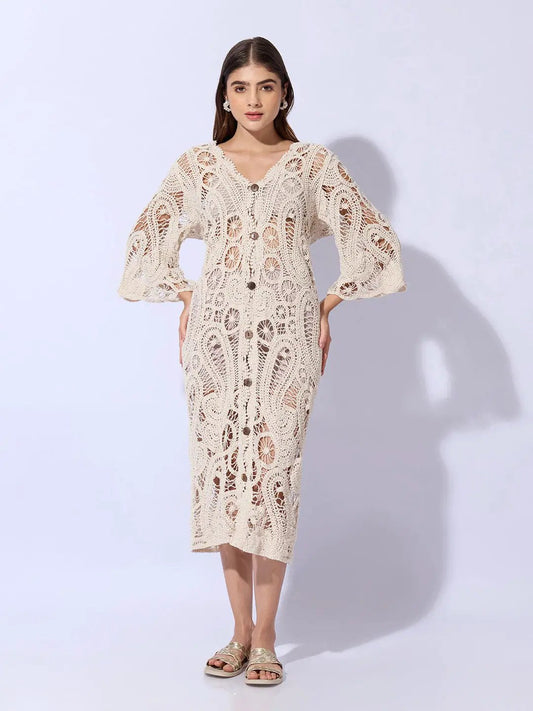Women's Crochet Cream Longline Button Front Shrug