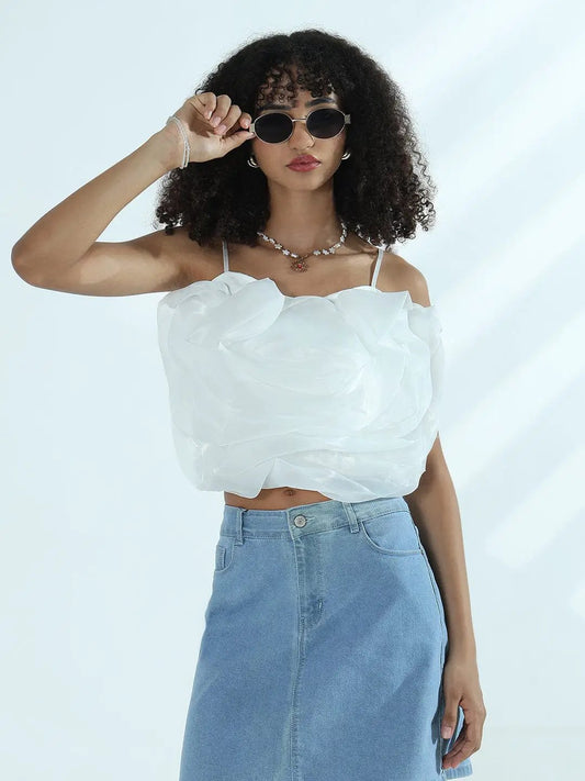 Women's White Organza Rose Crop Top