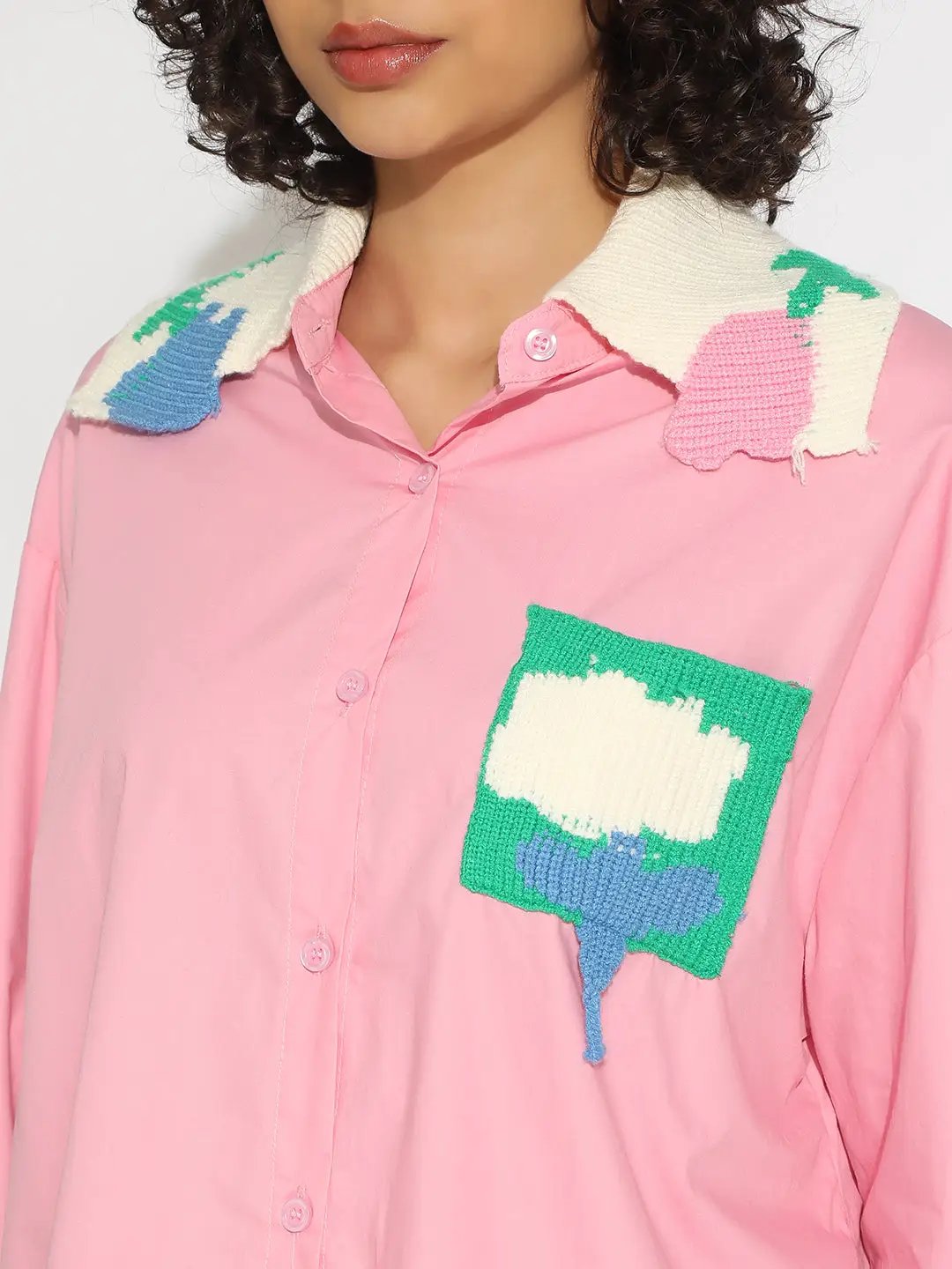 Women's Pink Button-Down Shirt with Crochet Patchwork Detail