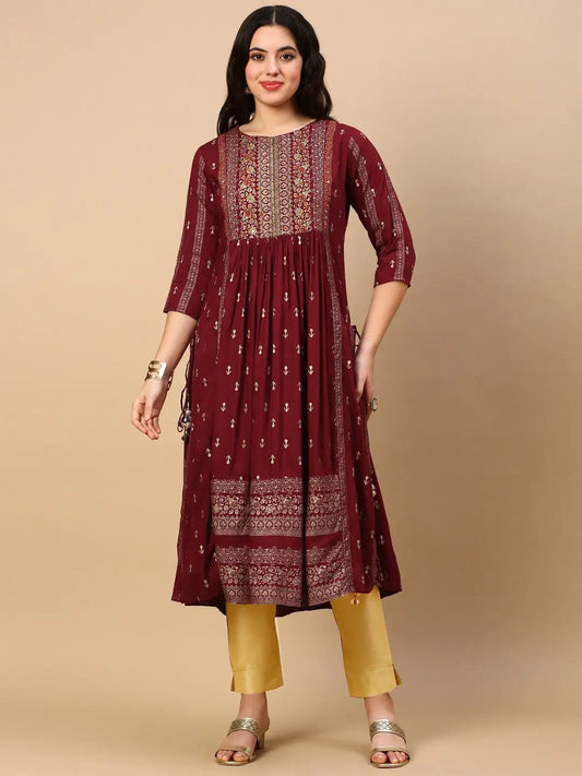 Women's Maroon Graphic Anarkali Kurta