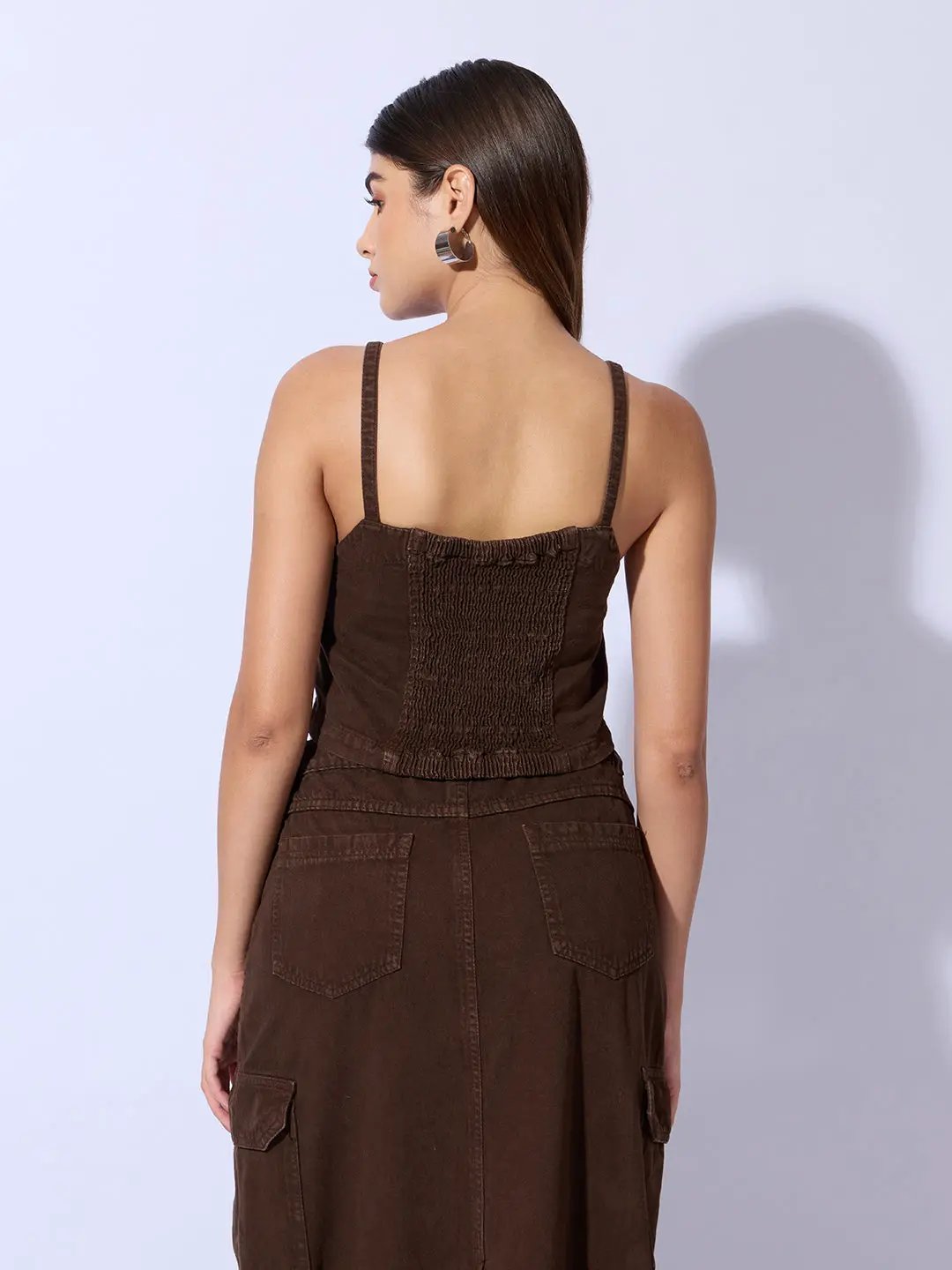 Women's Brown Bustier Top and Cargo Skirt with Crop Jacket Co-Ord Set