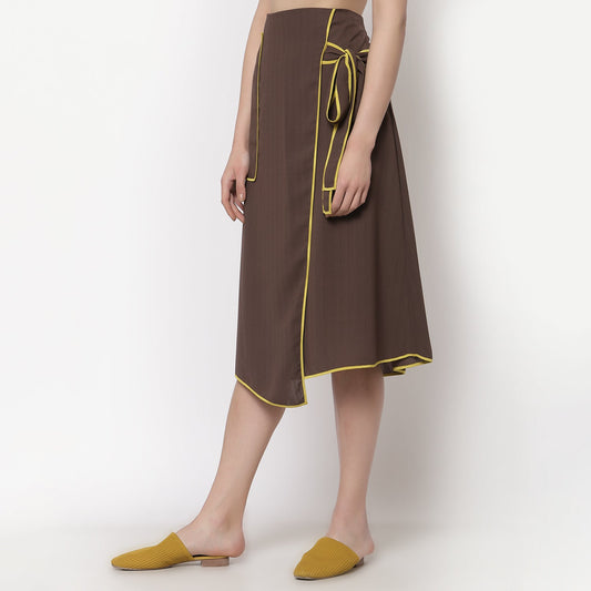 Brown Asymmetrical Skirt With Yellow Piping