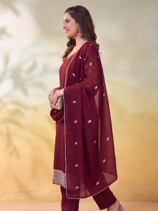 Embroidered Maroon Straight Kurta Set
