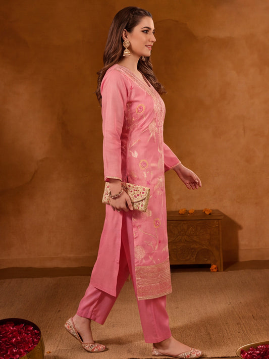 Embroidered Pink Straight Kurta Set