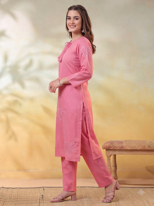 Embroidered Pink Straight Kurta Set