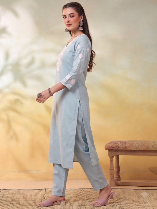 Embroidered Light Blue Straight Kurta Set